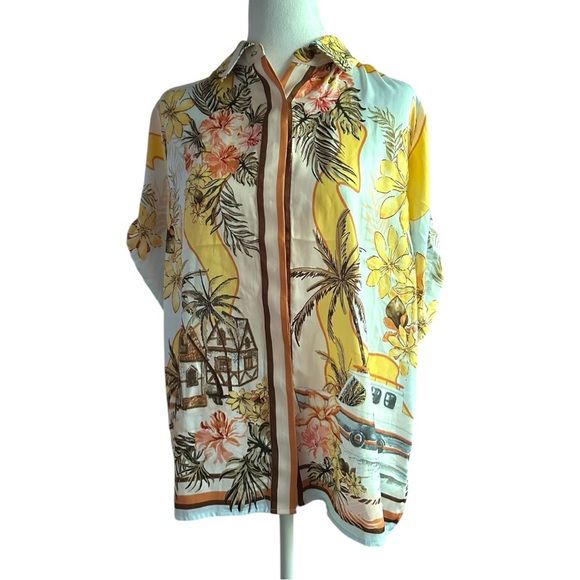 Rachel Zoe Floral Tropical Blouse - Yellow and Brown Medium - Picture 1 of 7